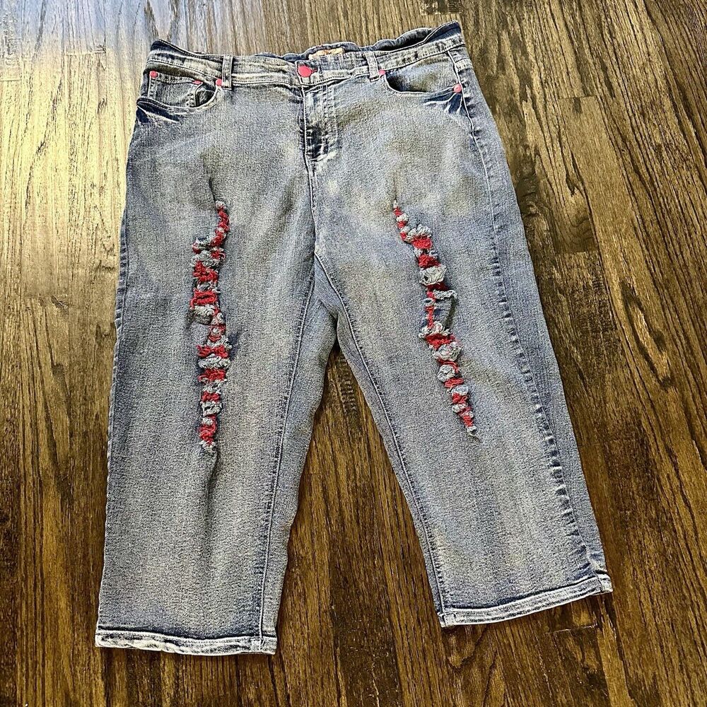Caren Sport Womens Jean Denim Capri Pants 16 Blue Hot Pink Red Distressed 34x19